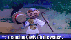 a cartoon character is holding a cane and a hat and says prancing gayly on the water ..