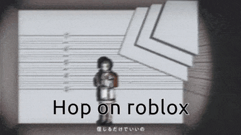 a picture of a person standing in front of a wall that says hop on roblox .