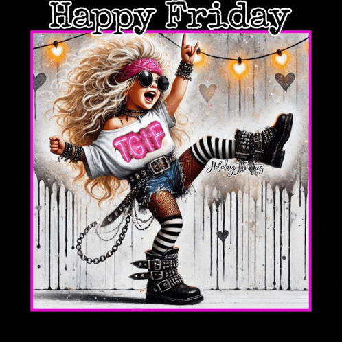 a happy friday greeting card with a girl in a tgif shirt