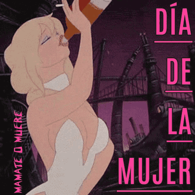 a cartoon of a woman drinking from a bottle with the words dia de la mujer on the bottom