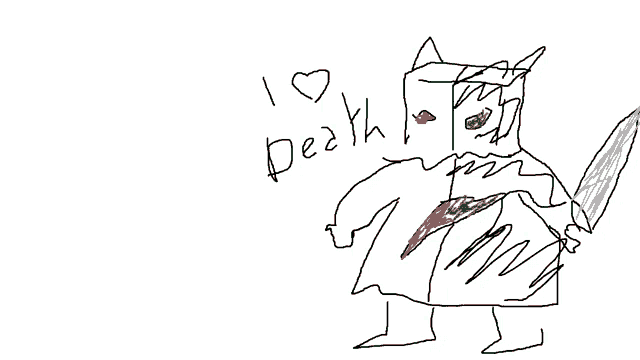 a drawing of a cat holding a knife with the words i love death written below it
