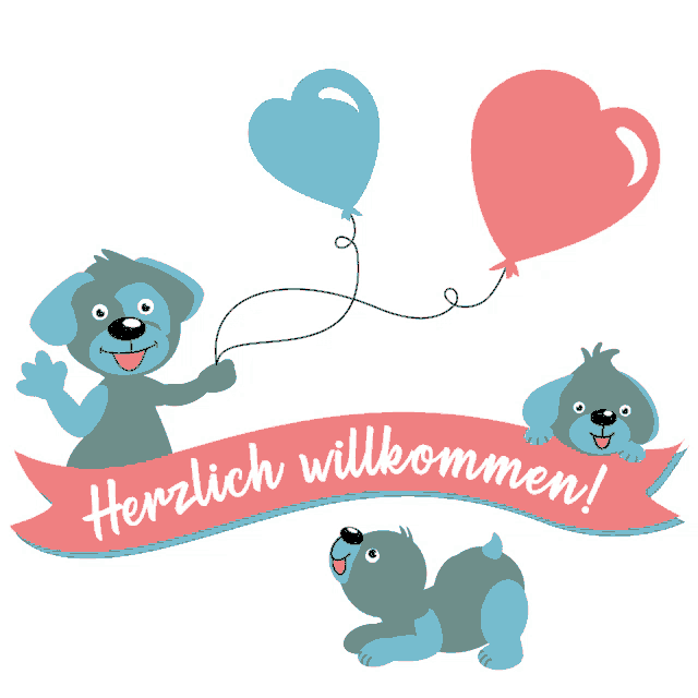a sign that says herzlich willkommen with two dogs and balloons