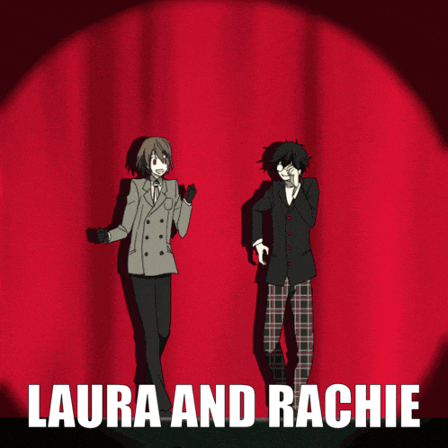 a poster for laura and rachie with a red curtain in the background