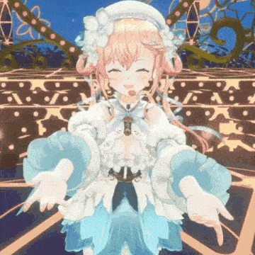 a girl with pink hair and white flowers on her head is wearing a white dress