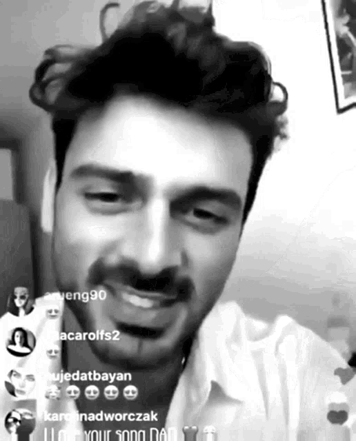 a black and white photo of a man with the words " i love your song dad " on the bottom