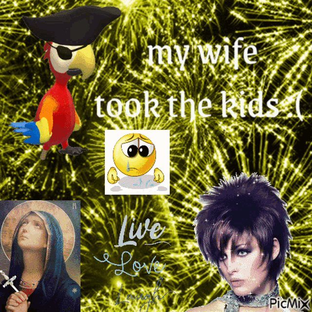 a picture of a woman a parrot and a smiley face that says my wife took the kids