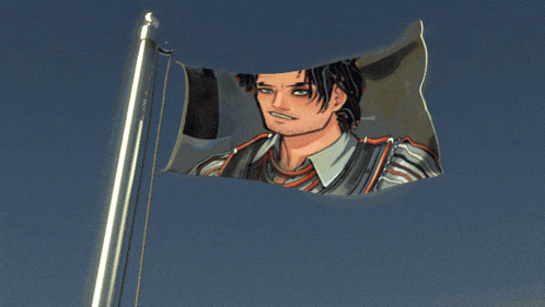a flag with a picture of a man flying in the wind