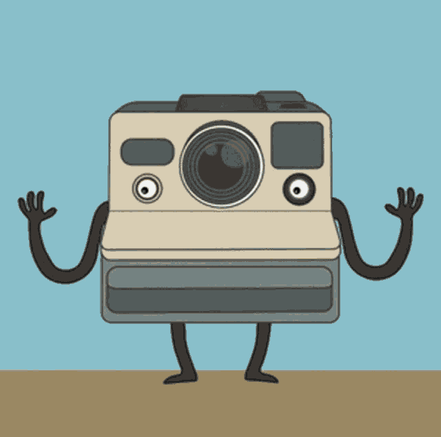 a cartoon drawing of a camera with arms and legs and a star in front of it