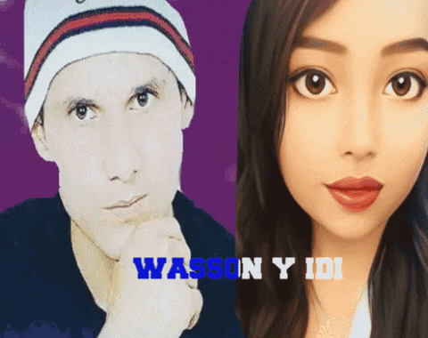 a man and a woman are standing next to each other with the words wasson y idi in blue letters