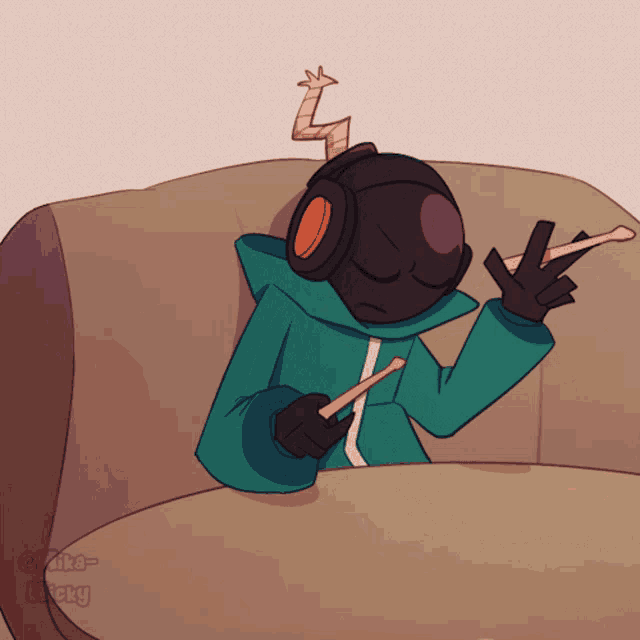 a drawing of a cartoon character with headphones and a stick in his hand