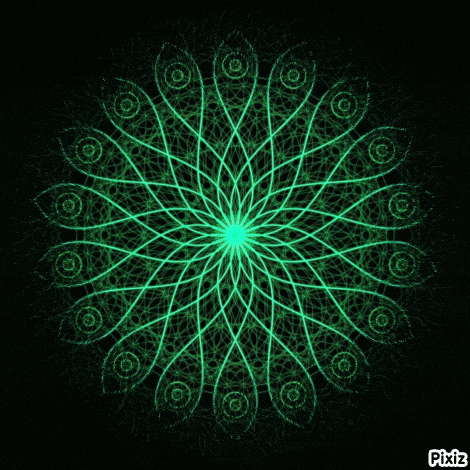 a green circular pattern on a black background with pixiz written below it