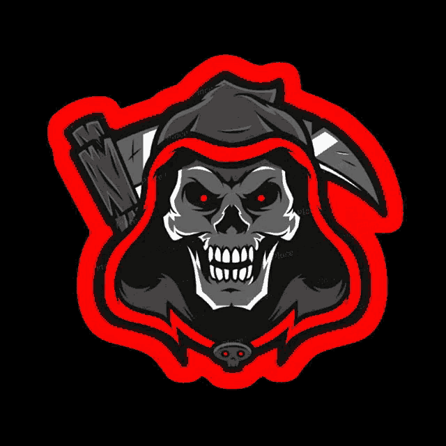 a grim reaper with red eyes is holding a scythe in his hand