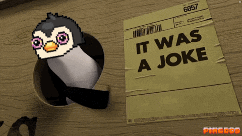 a penguin is sticking its head out of a hole next to a paper that says " it was a joke "