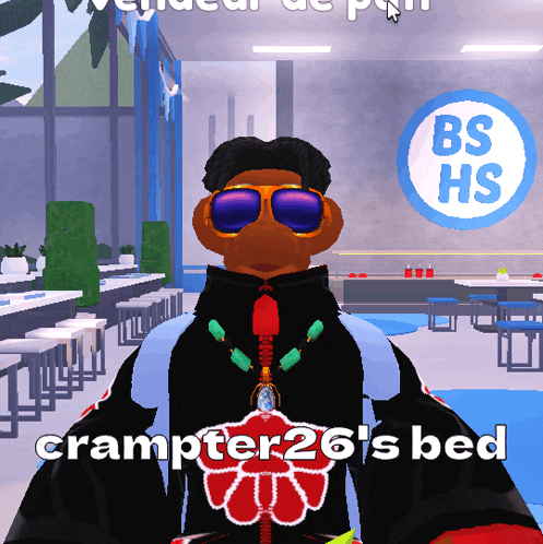 a man wearing sunglasses stands in front of a sign for bs hs