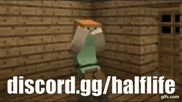 a minecraft character is standing in a wooden room with the words discord.gg/halflife on the bottom