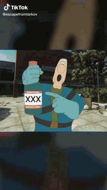 a cartoon character is holding a bottle that says xxx