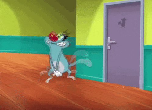 a cartoon cat with a red nose is standing in a hallway next to a door