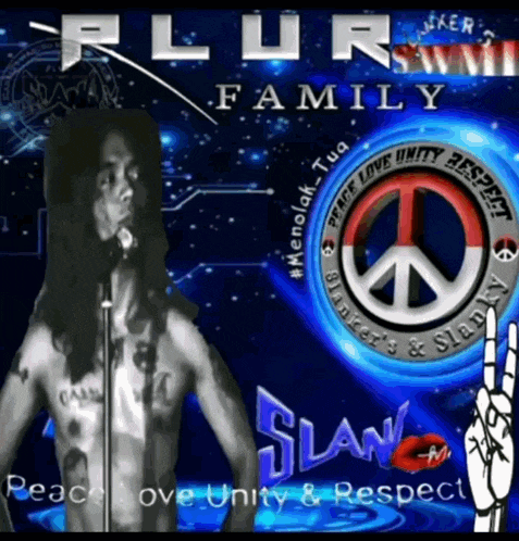 a man singing into a microphone in front of a peace sign and the words plur family