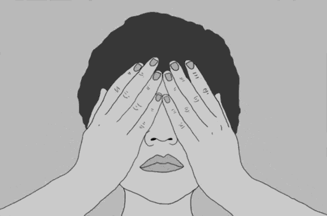 a black and white drawing of a person covering their eyes
