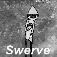 a black and white drawing of a cartoon character with the words swerve written above him .
