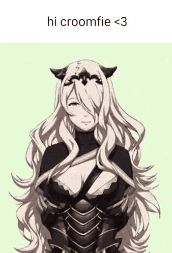 a black and white drawing of a woman with horns and the words hi croomfie < 3 on the bottom