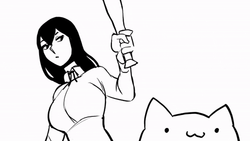 a black and white drawing of a woman holding a bat next to a cat that says * bonk * .