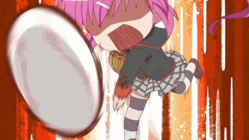 a cartoon girl with pink hair is kicking a white plate