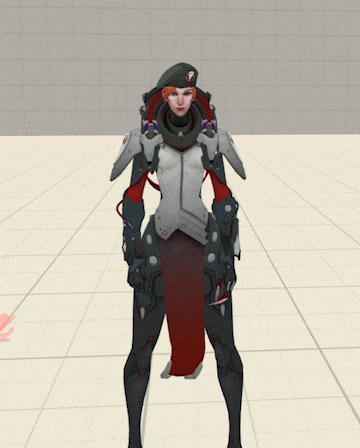 a woman in a black and white armor with a beret on her head is standing on a white tiled floor