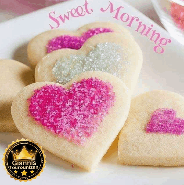 a white plate with heart shaped cookies and the words sweet morning written on it