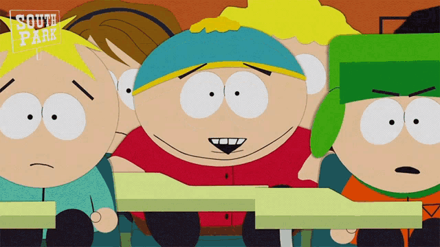 a group of south park characters sitting at tables