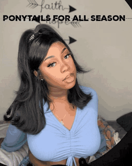 a woman wearing a ponytail with the words ponytails for all season on the bottom