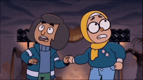 a couple of cartoon characters holding hands with one wearing a hijab