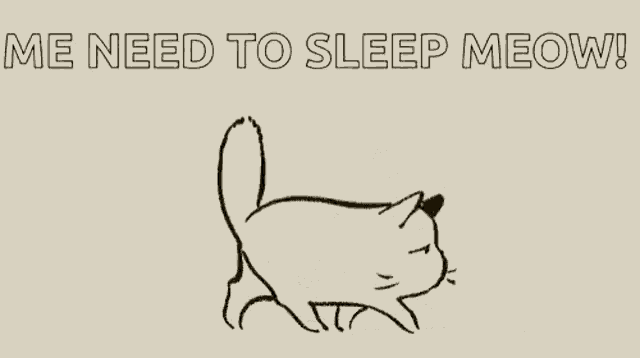 a drawing of a cat with the words " me need to sleep meow " above it
