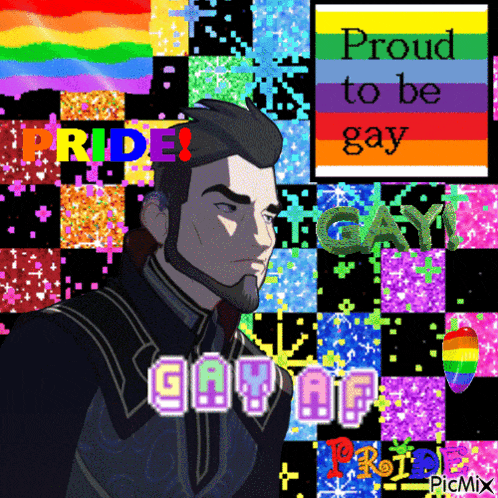 a pixel art of a man with the words proud to be gay