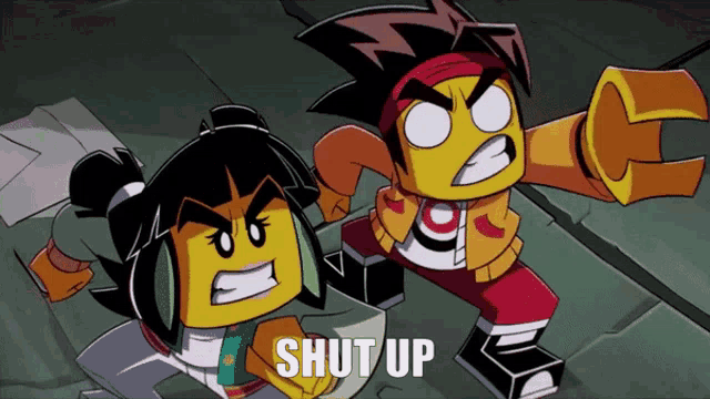 a couple of cartoon characters with the words shut up on the bottom right
