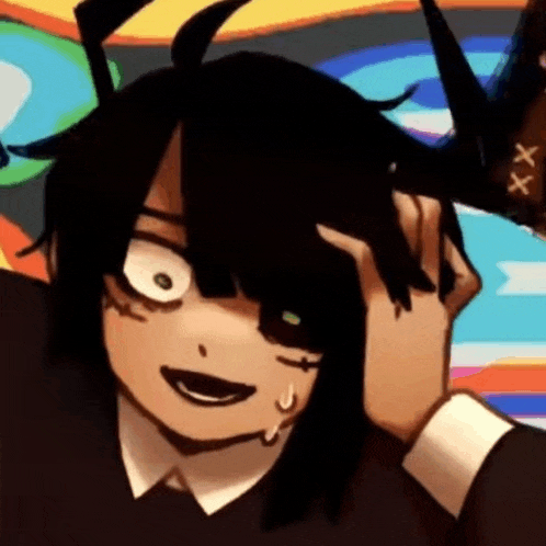 a close up of a cartoon character with black hair and a hat on .