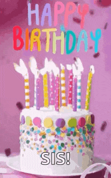 a birthday cake with candles on it and the words `` happy birthday sis '' .