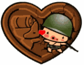 a cartoon of a soldier in a heart shaped box with a deer in the background .