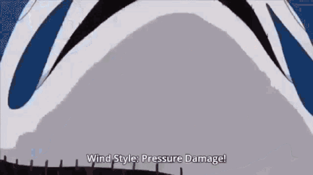 a close up of a person 's face with the words `` wind style : pressure damage ! ''