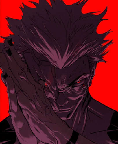 a close up of a man 's face with red eyes