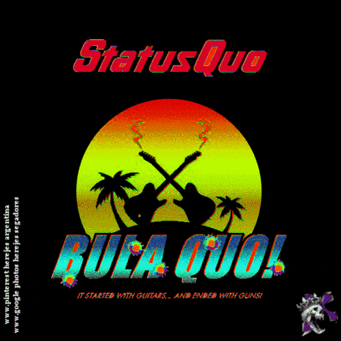 a poster for status quo featuring guitars on a beach