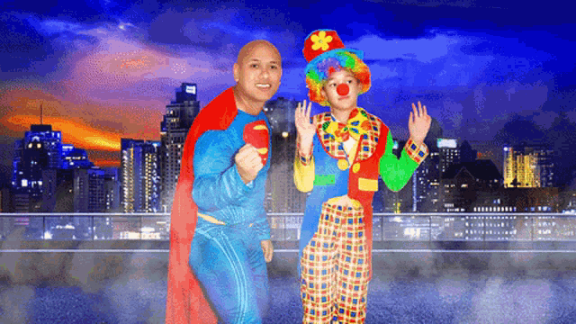 a man in a superman costume and a clown in a clown costume pose for a picture