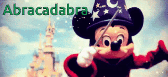 mickey mouse is holding a wand in front of a castle and the word abracadabra