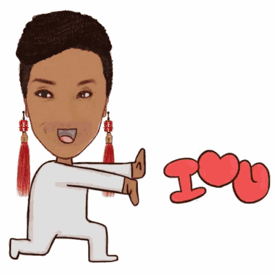 a cartoon of a woman kneeling down holding a red heart and saying i love you