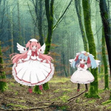 two anime girls are standing in a forest with a watermark that says vicki a