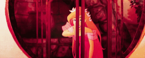 a princess is standing in a cage with a heart in the background .