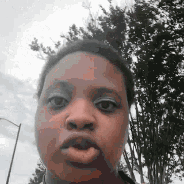 a close up of a woman 's face with trees in the background