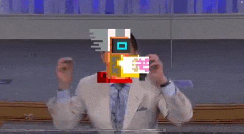 a man in a suit and tie has a pixelated face with a square in the middle