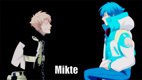 a blue haired anime character with mikte written on the bottom right