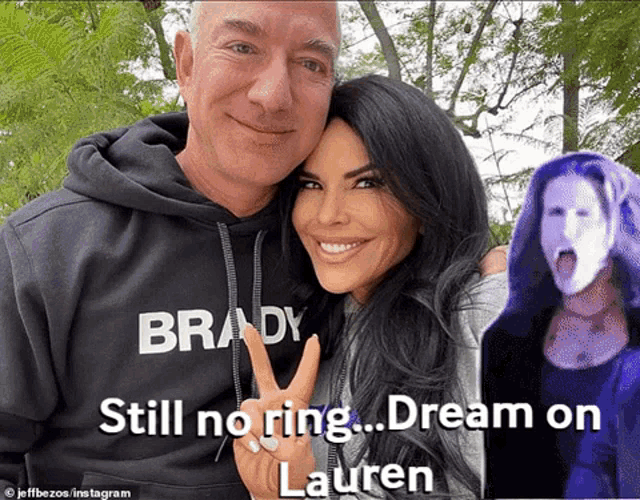 a man and woman posing for a picture with the caption still no ring ... dream on lauren